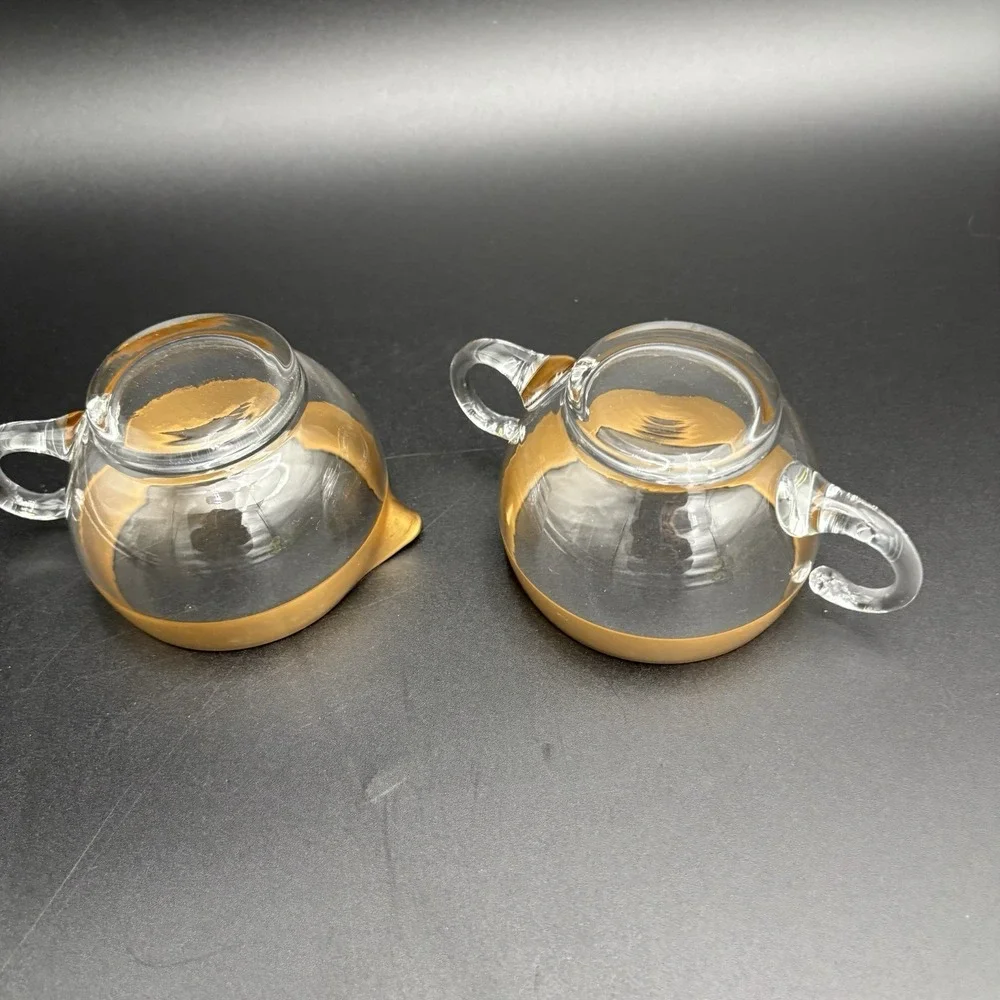 Vtg Dorothy Thorpe Glass Sugar Creamer Set Gold Band 60s MCM Retro